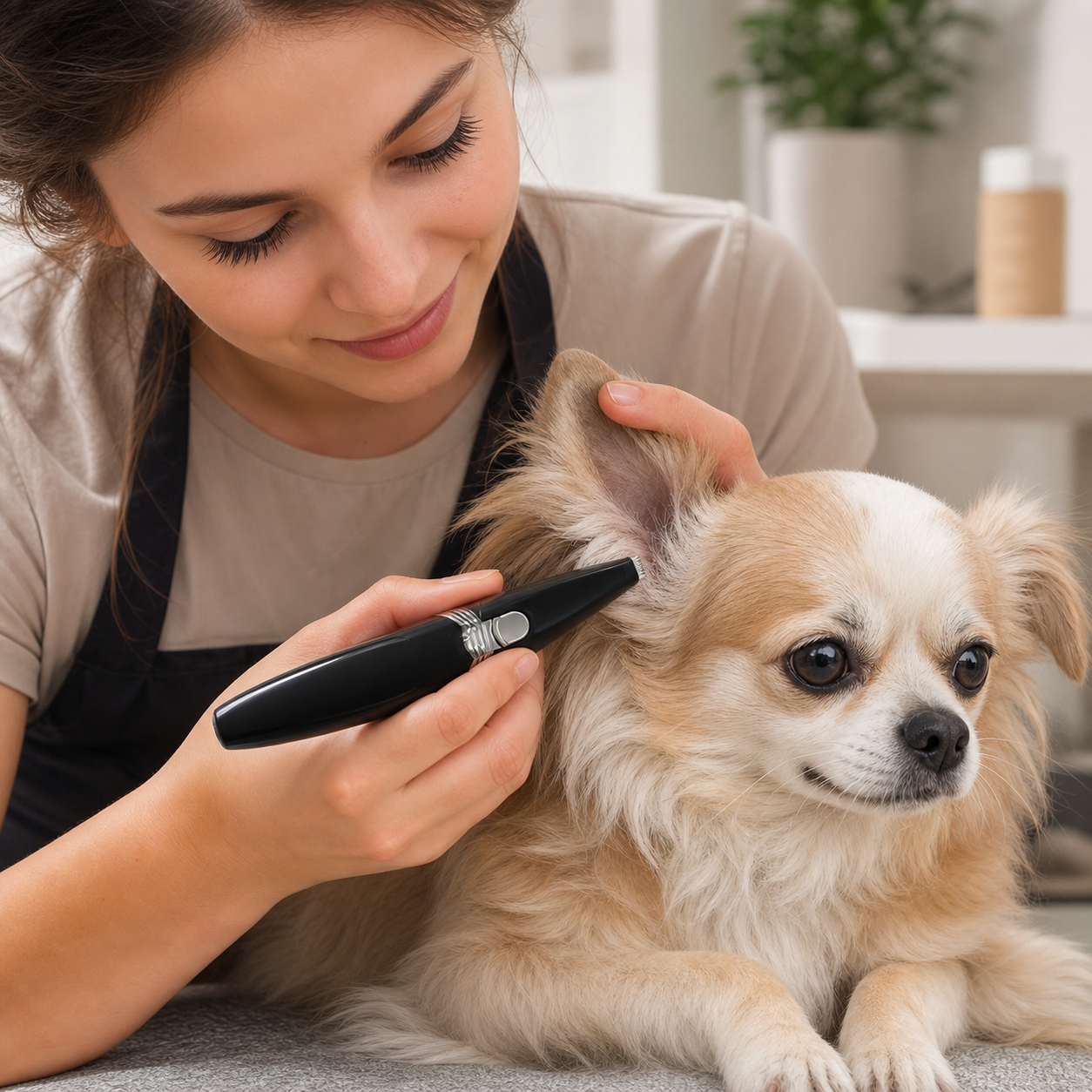 Tonte délicate près de l’oreille d’un chien